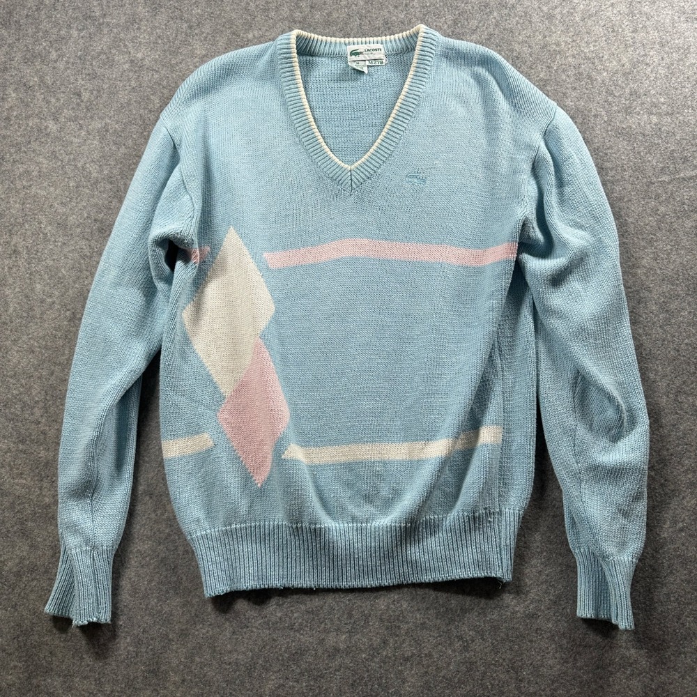 Lacoste Club V-Neck Sweater Mens Medium Blue Pink Argyle Geometric Vintage M278